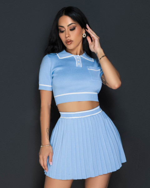 Knitted printed round neck short sleeved pleated two-piece set