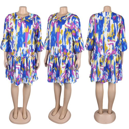 Printed patchwork lace V-neck lantern sleeve colorful dress