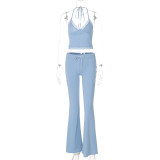 V-neck strapless suspender slim fitting lace up wide leg pants set