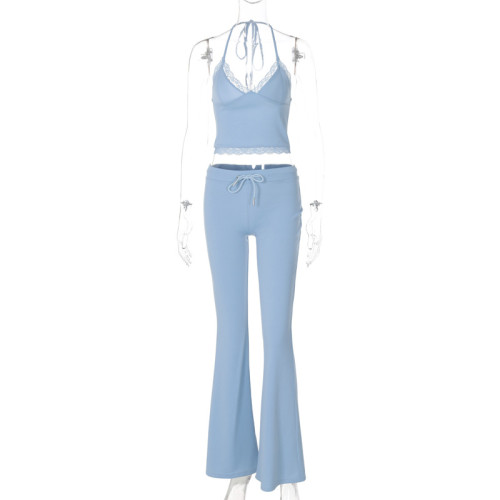 V-neck strapless suspender slim fitting lace up wide leg pants set