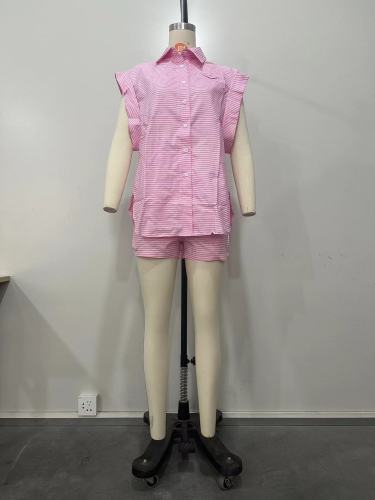 Women's striped short sleeved shirt and shorts set