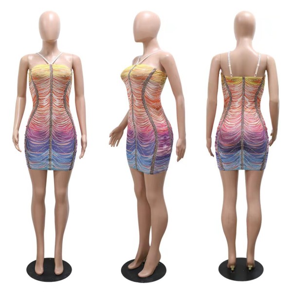Hanging strap positioning printed hot diamond double-layer dress