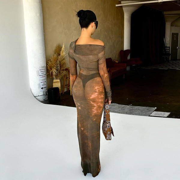 Diagonal Shoulder Long Sleeve Perspective Slim Fit Long Dress Dress