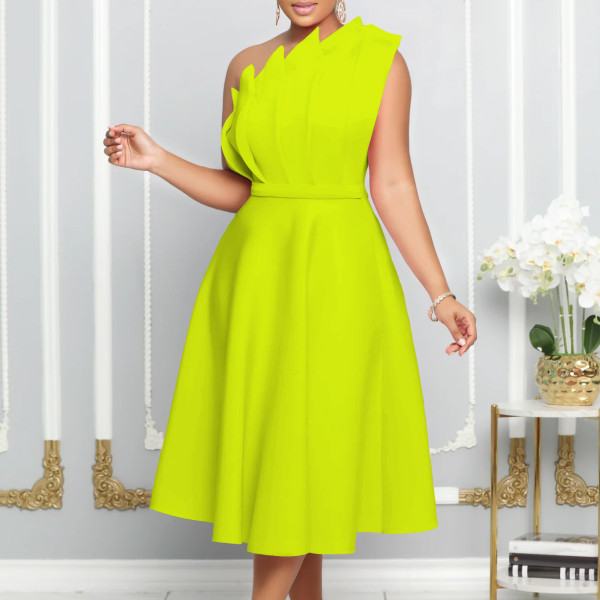 Slant neckline pleated high waisted formal dress