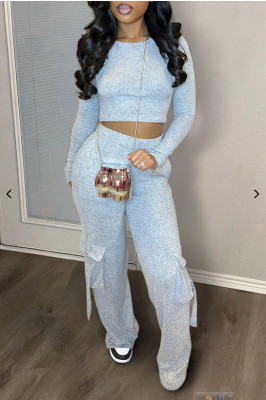 Round neck knitted long sleeved top with large pockets and pants set
