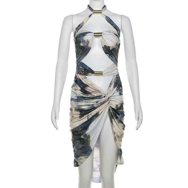 Hanging neck low cut sexy backless dress short skirt