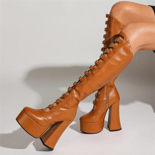 Thick soled ultra-high heel punk style knee length women's boots
