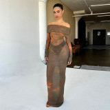 Diagonal Shoulder Long Sleeve Perspective Slim Fit Long Dress Dress