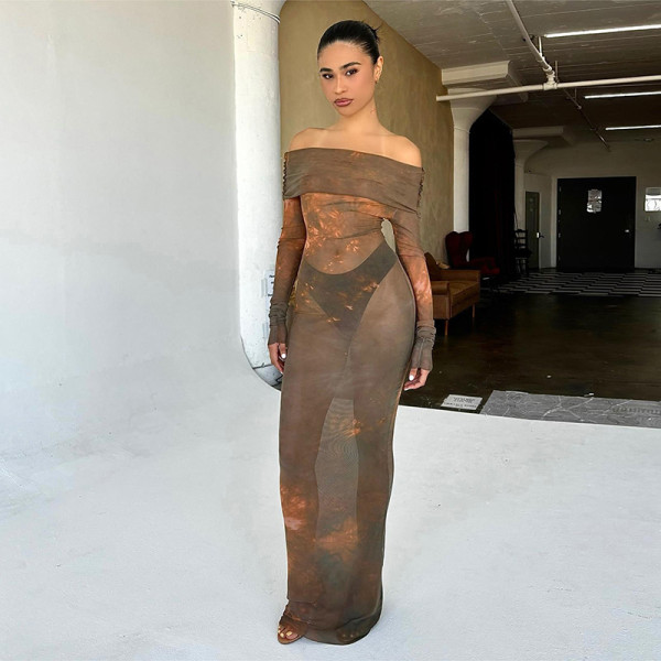 Diagonal Shoulder Long Sleeve Perspective Slim Fit Long Dress Dress