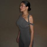 Diagonal shoulder comfortable slim fit top and pants set