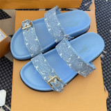 Outgoing flat bottomed metal buckle double strap letter sandals