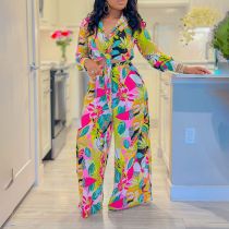 Printed two-piece set with lapel strap shirt and wide leg pants set Printed two-piece set with lapel strap shirt and wide leg pants set