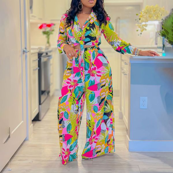 Printed two-piece set with lapel strap shirt and wide leg pants set