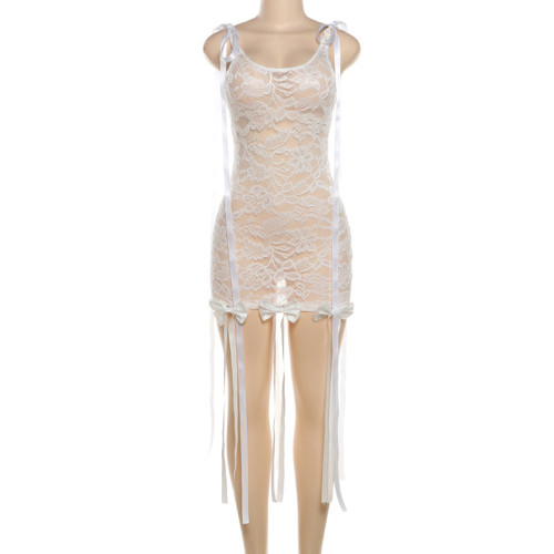 Vest lace hollow bow ribbon flowing dress short skirt