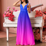 V-neck sexy high waisted gradient pleated long skirt