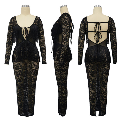 Open back fringe lace dress