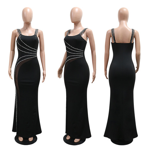 Hanging strap hot diamond long skirt hot diamond evening dress