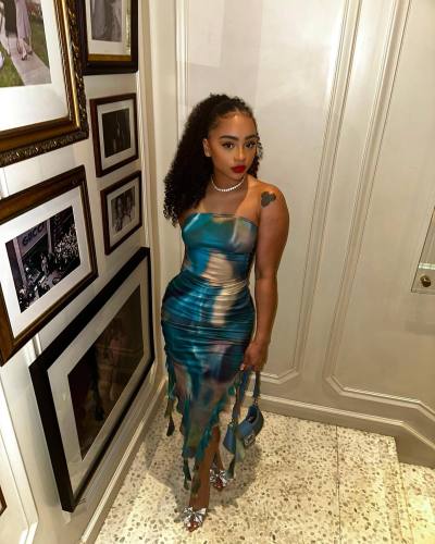 Printed wrapped chest slit ruffled edge dress