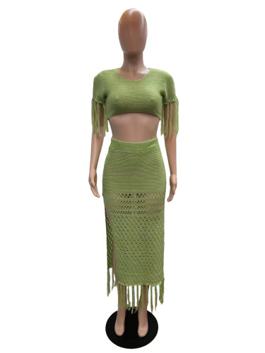 Knitted hollow tassel long skirt two-piece set