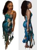 Printed wrapped chest slit ruffled edge dress