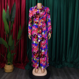 Printed two-piece set with lapel strap shirt and wide leg pants set
