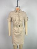 Women's shirt collar button belt pocket dress