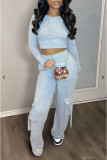 Round neck knitted long sleeved top with large pockets and pants set