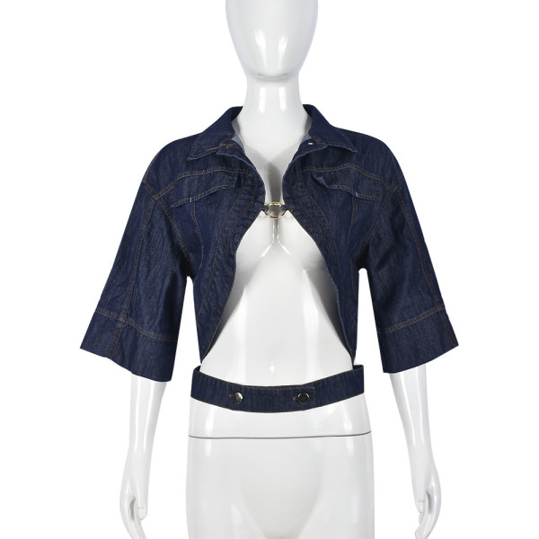 Cardigan half sleeved lapel exposed navel short denim jacket