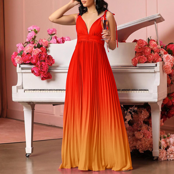 V-neck sexy high waisted gradient pleated long skirt