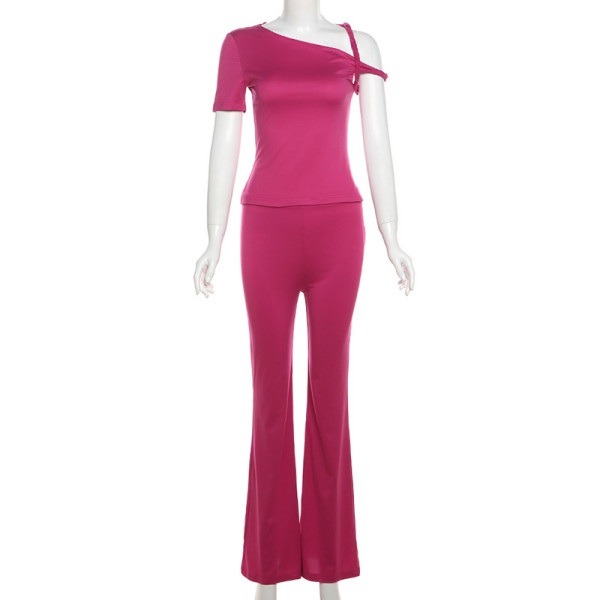 Diagonal shoulder comfortable slim fit top and pants set