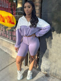 Waist hugging color blocking long sleeved shorts sports and leisure set