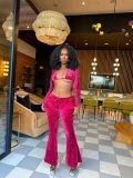 Velvet heart-shaped diamond micro flared pants sexy three piece set