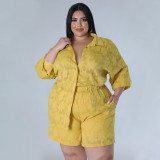 Hollow out chiffon jacquard top and shorts two-piece set