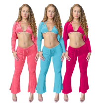 Velvet heart-shaped diamond micro flared pants sexy three piece set