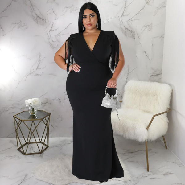 Sexy tassel V-neck long sleeved slim fit dress