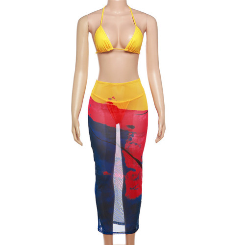 Digital printed neck hanging, chest wrapped, high waist wrapped, hip wrapped long skirt set