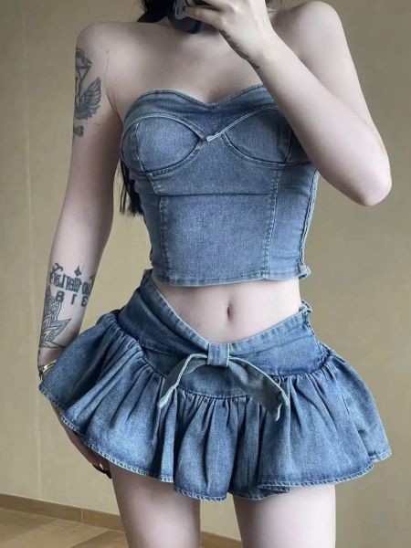 Off shoulder strapless vest top denim skirt set