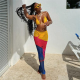 Digital printed neck hanging, chest wrapped, high waist wrapped, hip wrapped long skirt set