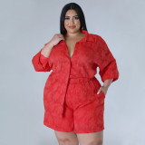 Hollow out chiffon jacquard top and shorts two-piece set