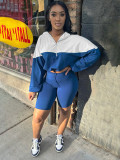 Waist hugging color blocking long sleeved shorts sports and leisure set