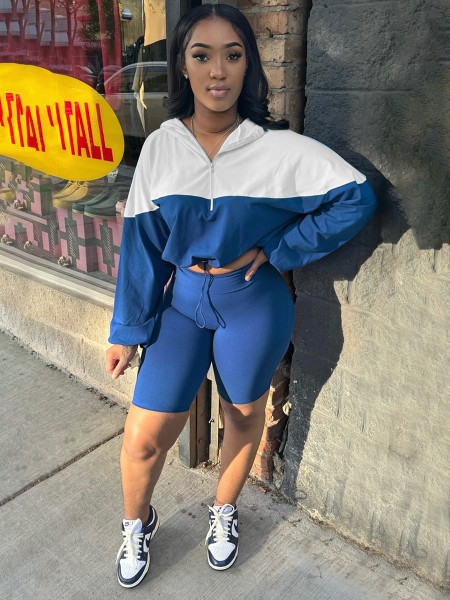 Waist hugging color blocking long sleeved shorts sports and leisure set