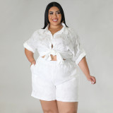 Hollow out chiffon jacquard top and shorts two-piece set