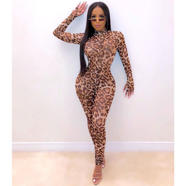 Perspective mesh leopard print jumpsuit