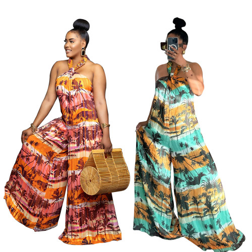 Hanging neck backless loose jumpsuit