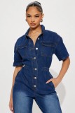 Elastic short sleeved small toe washed denim jumpsuit