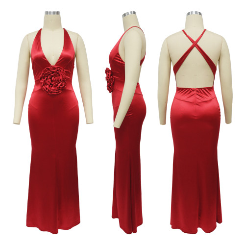 Flower V-neck sleeveless dress backless dress