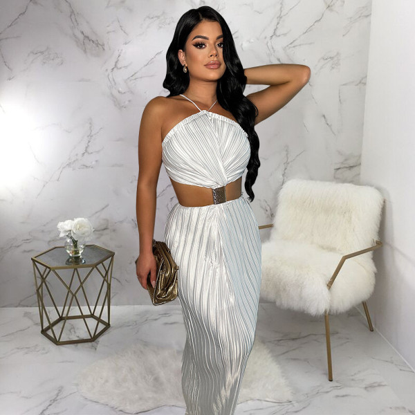 Women's pleated lace up evening gown with a split back dress