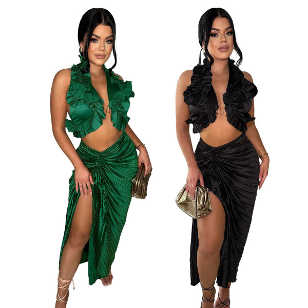 Women's sleeveless slit ruffle edge pleated skirt set