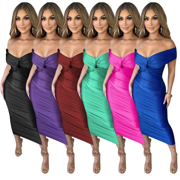 V-neck pleated dress