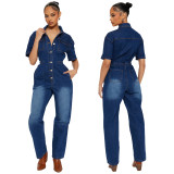 Elastic short sleeved small toe washed denim jumpsuit